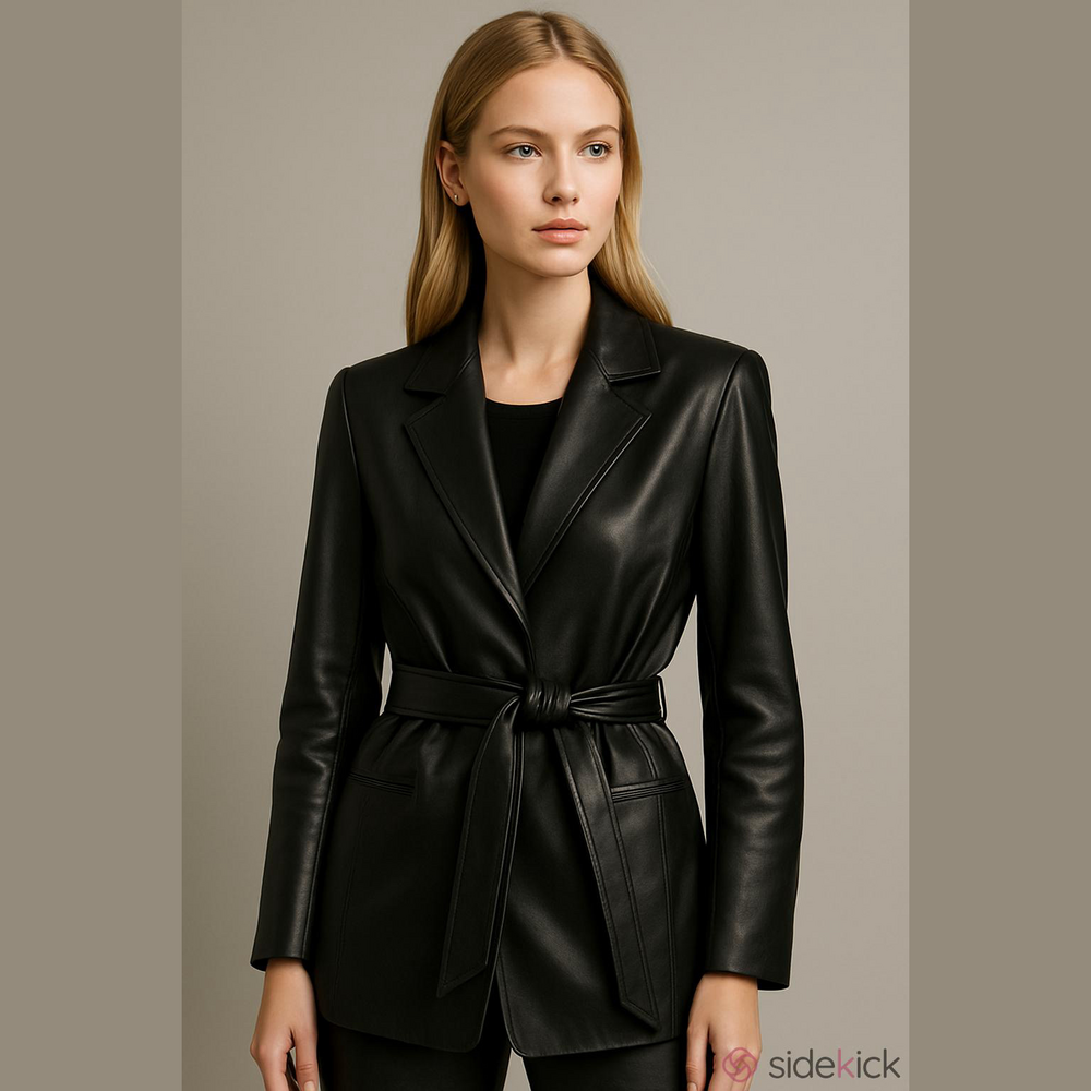 WinterSilks Women's Black 100% Leather Belted Jacket Medium Silk Lining Vintage